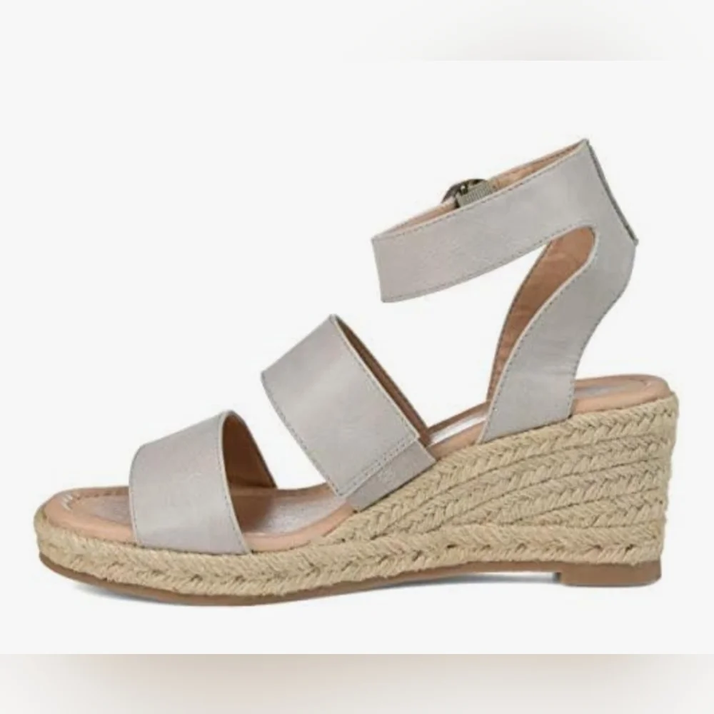 Cream/ Beige Espadrille Wedge Sandals with Adjustable Ankle Strap, Size 6.5